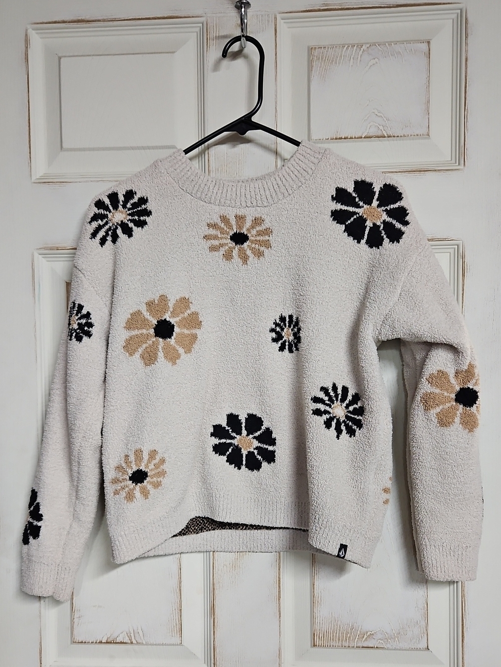 Volcom Cozy Floral Knit Sweater - Cream with Black & Tan Flowers